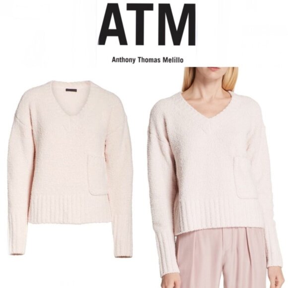 ATM Anthony Thomas Melillo Chenille V Neck Sweater Size S Light Pale Pink $350 - Picture 1 of 16